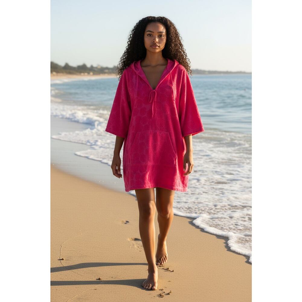 PJ Salvage Beach Cover Up Womens Small Hot Pink Terry Hooded Sunburst Mini